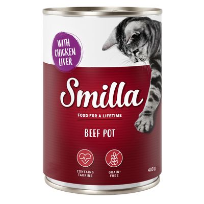 Smilla Beef Pot kattemad 400 g, tekst: WITH CHICKEN LIVER, FOOD FOR A LIFETIME, CONTAINS TAURINE, GRAIN-FREE. Billede af kat på dåsen.
