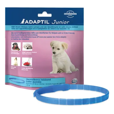 ADAPTIL Junior verstelbaar halsband voor puppy’s, verpakking met afbeelding van een witte pup en blauw kunststof halsbandje, tekst: ‘Verstellbares Halsband Collier ajustable’