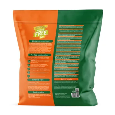 Back of pet food bag showing feeding guide, beneficial fibre information, care instructions for small animals, and contact details. Includes a section on the Excel feeding plan. Back of pet food bag showing feeding guide, beneficial fibre information, care instructions for small animals, and contact details. Includes a section on the Excel feeding plan.