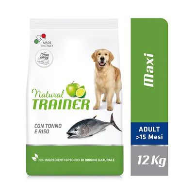 Natural Trainer hundefoder Maxi Adult >15 Mesi, 12 kg. Con tonno e riso. Made in Italy. Con ingredienti specifici di origine naturale. Billede af hund, tunfisk, æble og lime.