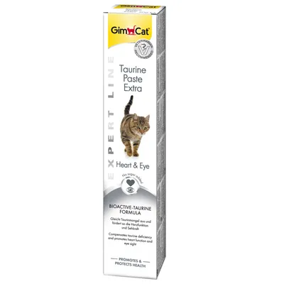 GimCat Taurine Paste Extra, Expert Line, Heart & Eye, sans sucre ajouté, formule bioactive à la taurine, boîte avec image de chat et texte en anglais/allemand.