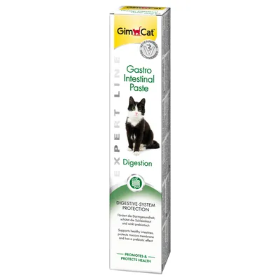 GimCat Gastro Intestinal Paste, EXPERT LINE, Digestion. Texte visible : DIGESTIVE-SYSTEM PROTECTION, PROMOTES & PROTECTS HEALTH. Image d’un chat noir et blanc sur l’emballage.