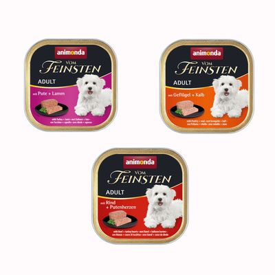 animonda Vom Feinsten Adult mit Pute + Lamm, 24 x 150 g. Na opakowaniu zdjęcie psa i kawałek karmy.