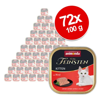 Animonda Vom Feinsten Kitten med nötkött, 72 x 100 g. Våtfoder för kattungar, bild på förpackning och mängd.
