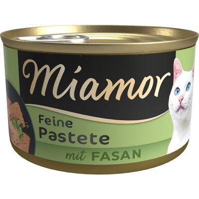 Miamor Feine Pastete mit Fasan, afbeelding van kattenvoerblik met witte kat en opschrift in het Duits.