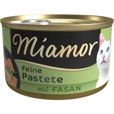 Miamor Feine Pastete mit Fasan, afbeelding van kattenvoerblik met witte kat en opschrift in het Duits.