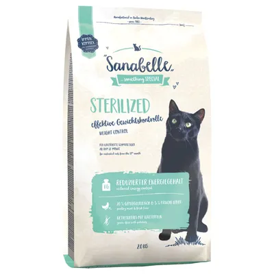 Sanabelle Sterilized корм для кошек, эффективный контроль веса, пониженное содержание энергии, 20% мясо птицы, 5% свежая печень, без зерна с картофелем, упаковка 2 кг.