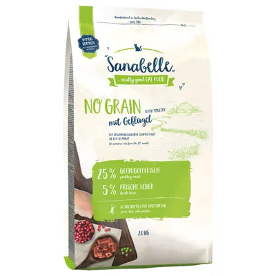 Sanabelle really good CAT FOOD NO GRAIN mit Geflügel, 25 % Geflügelfleisch, 5 % frische Leber, sans céréales avec pommes de terre, sac de 2 kg. Texte en partie en allemand et anglais.
