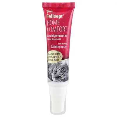 FeliSept HOME COMFORT Beruhigungsspray, Fast acting Calming spray, Wohlbefinden und Entspannung für Ihre Katze. Sprej s obrázkom mačky na obale.