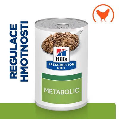 Konzerva Hill's Prescription Diet Metabolic, nápis REGULACE HMOTNOSTI, obrázek krmiva na lžíci, oranžová silueta kuřete v kruhu.