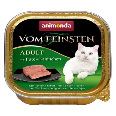 Conservă Animonda Vom Feinsten Adult, cu imagine de pisică albă și pate pe farfurie. Text vizibil: mit Pute + Kaninchen, with Turkey + Rabbit, ADULT.