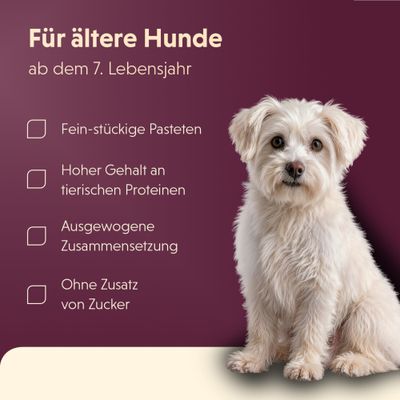 Für ältere Hunde ab dem 7. Lebensjahr: Fein-stückige Pasteten, hoher Gehalt an tierischen Proteinen, ausgewogene Zusammensetzung, ohne Zusatz von Zucker.