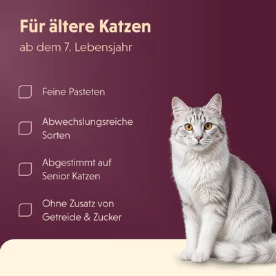 Für ältere Katzen ab dem 7. Lebensjahr: Feine Pasteten, abwechslungsreiche Sorten, abgestimmt auf Senior Katzen, ohne Zusatz von Getreide und Zucker.