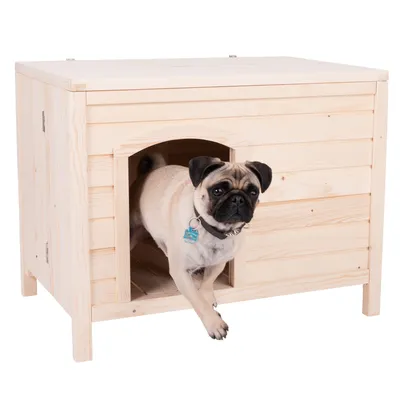Cuccia per cani in legno con ingresso rettangolare, un carlino esce dalla cuccia.