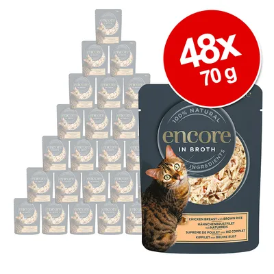 Encore In Broth kuracie prsia s prírodnou ryžou, 48x70g. 100% prírodné zložky. Balenie zobrazuje produkt a mačku.