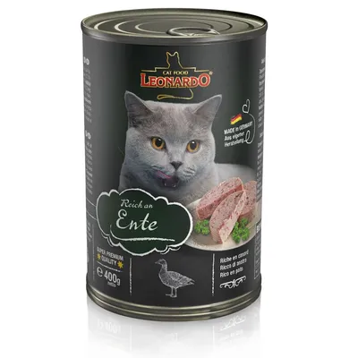Leonardo Cat Food, rico em pato, qualidade super premium, fabricado na Alemanha, produção própria, lata de 400g.