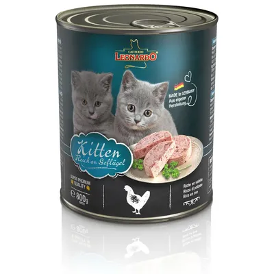 Leonardo kattmat för kattungar, rik på fjäderfä, Super Premium-kvalitet, Made in Germany, 800g burk. Bild på två grå kattungar och serverad mat.
