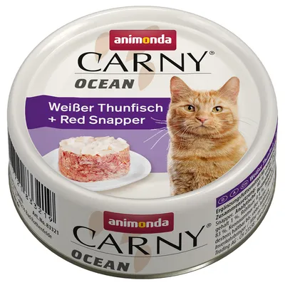 Animonda Carny Ocean witte tonijn + red snapper. Aanvullend voer voor katten, blik met afbeelding van product en kat.