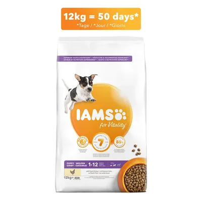 Saco de pienso IAMS for Vitality para cachorros, 12 kg. Indica: 12kg = 50 days. Para perros de 1–12 meses, con pollo fresco. Marca y datos visibles en el envase.