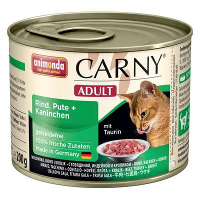 Conservă Animonda Carny Adult, Rind, Pute + Kaninchen, 200 g. Text vizibil: getreidefrei, 100% frische Zutaten, Made in Germany, mit Taurin. Imagine cu pisică și bol cu carne.