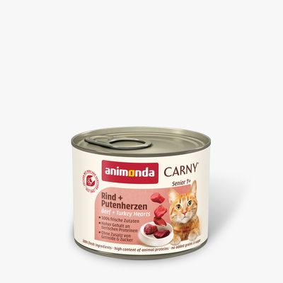 animonda Carny Senior 7+ Nauta + Kalkkunansydämet. 100 % tuoreita ainesosia, korkea eläinproteiinipitoisuus, ilman lisättyä viljaa ja sokeria.
