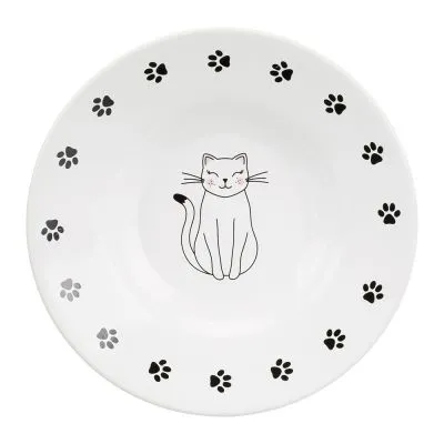 Ciotola bianca in ceramica con disegno di gatto al centro e impronte nere di zampa lungo il bordo.