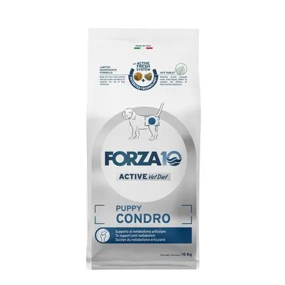 Zak Forza10 Active Vet Diet Puppy Condro, 10 kg. Tekst: 'Supporto al metabolismo articolare', afbeelding hond met markering op gewricht, zichtbaar merk en productnaam.