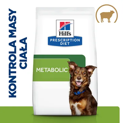 Hill's Prescription Diet Metabolic, opakowanie karmy dla psa. Widoczny napis: KONTROLA MASY CIAŁA oraz symbol głowy psa w okręgu.