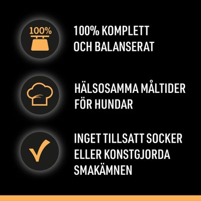 100% komplett och balanserat. Hälsosamma måltider för hundar. Inget tillsatt socker eller konstgjorda smakämnen.