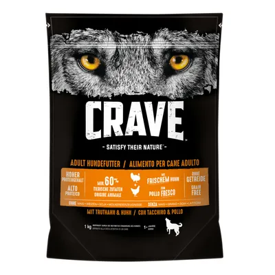 CRAVE Adult Hundefutter, Satisfy Their Nature, min. 60% tierische Zutaten, mit frischem Huhn, ohne Getreide, mit Truthahn & Huhn, 1 kg bag visible