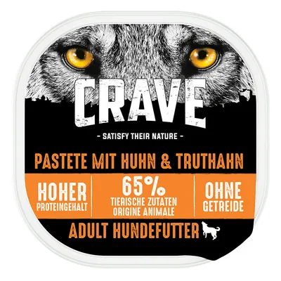 CRAVE Pastete mit Huhn & Truthahn, 65% tierische Zutaten, hoher Proteingehalt, ohne Getreide, Adult Hundefutter. Tekst in het Duits.