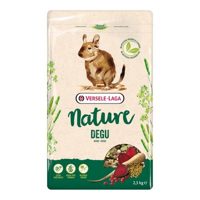 Versele-Laga Nature Degu, 2,3 kg. Extra verdure, freschezza ottimale. Immagine di un degu e della miscela di mangime sulla confezione.
