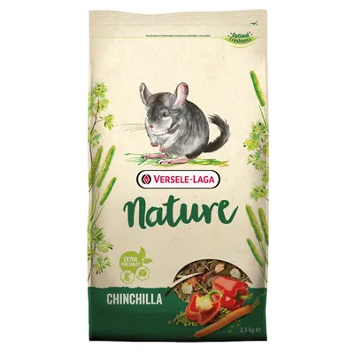 Sac de nourriture pour chinchilla Versele-Laga Nature, mention Extra Vegetables, illustration de chinchilla, légumes visibles, poids 2,3 kg, texte Optimal Freshness en haut à droite.