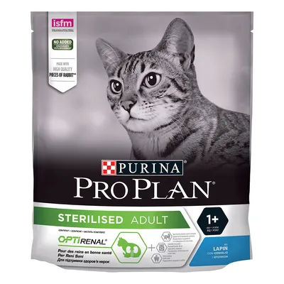 Purina Pro Plan Sterilised Adult суха храна за котки, Optirenal, 1+ години, с парчета заек. Надпис: без добавени оцветители, за поддържане здравето на бъбреците.