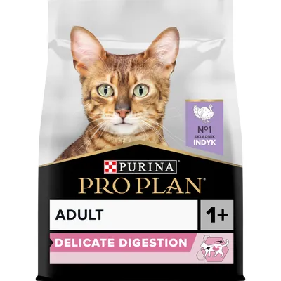 Purina Pro Plan Adult 1+ Delicate Digestion, widoczny kot, tekst: No1 składnik indyk. Opakowanie karmy dla dorosłych kotów.