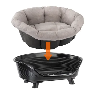 L'immagine mostra un letto imbottito grigio inserito in un letto di plastica nero. Indicazione della compatibilità tra letto e imbottitura.