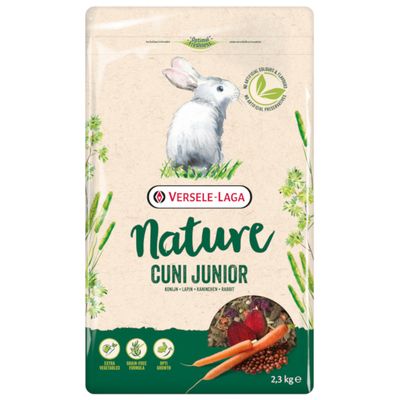Sac Versele-Laga Nature Cuni Junior, illustration de lapin, mention Extra Vegetables, aperçu du mélange d’aliments, poids 2,3 kg visible sur l’emballage.