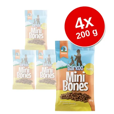 4 opakowania Barkoo Mini Bones Poultry, każde 200 g. Widoczny napis: Reward, and training tastes yummy! 4 opakowania Barkoo Mini Bones Poultry, każde 200 g. Widoczny napis: Reward, and training tastes yummy!