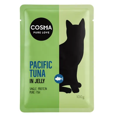 Cosma Pure Love Pacific Tuna в желе, единичен протеин, чиста риба, 100g. Опаковка със зелен фон и черен силует на котка.