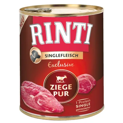 Konzerva Rinti Singlefleisch Exclusive Ziege Pur, 1 Protein Single, getreidefrei. Na obalu vyobrazené kusy masa a silueta kozy.