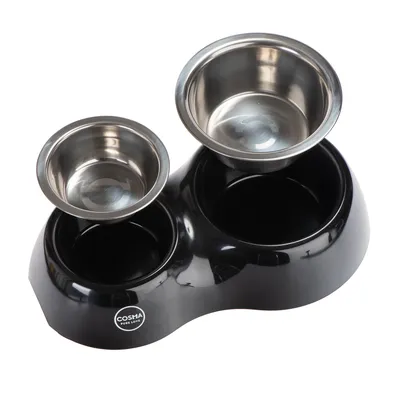 Double gamelle Cosma Pure Love avec support noir, deux bols en métal amovibles de tailles différentes, adaptés pour nourriture et eau.