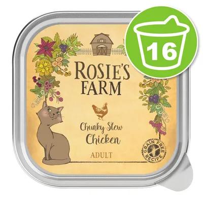 Rosie's Farm Chunky Stew Chicken ADULT, recette sans céréales, illustration de chat et poule, lot de 16 indiqué dans un panier vert.
