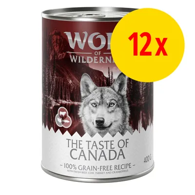 Wolf of Wilderness The Taste of Canada, 12 x 400 g, 100 % grain-free recipe, with fresh beef, cod, turkey and cranberries. Stor gul cirkel med röd text: 12x.