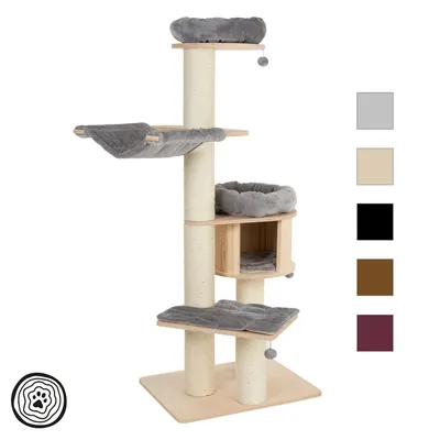 Klatremiljø til katte med flere niveauer, sisalstammer, grå liggepladser og hængekøje. Synlige farvevalg: grå, beige, sort, brun, bordeaux. Materiale: træ og stof.