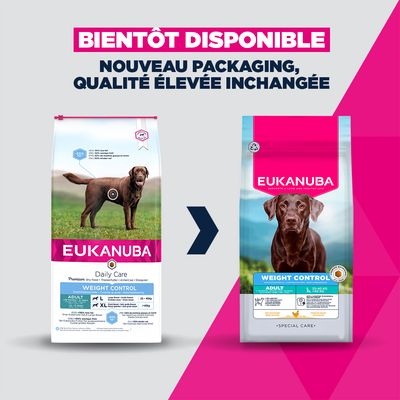 Sac de croquettes Eukanuba Daily Care Weight Control pour chien adulte grande race, 15 kg. Contrôle du poids, -30 % de matières grasses, indications pour races Large Breed 25–40 kg et XL >40 kg.