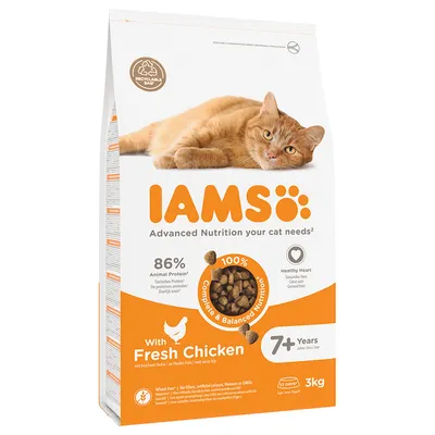 Sac de croquettes IAMS pour chat, 3 kg, avec poulet frais, 86 % protéines animales, alimentation complète et équilibrée, pour chats de 7 ans et plus. Texte en anglais visible. Sac de croquettes IAMS pour chat, 3 kg, avec poulet frais, 86 % protéines animales, alimentation complète et équilibrée, pour chats de 7 ans et plus. Texte en anglais visible.