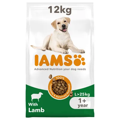 IAMS koiranruoka, 12 kg, lampaanlihalla. Teksti: Advanced Nutrition your dog needs, 100% Complete & Balanced Nutrition, L >25 kg, 1+ year, With Lamb.
