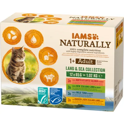 IAMS Naturally Land & Sea Collection kattemad 1+ Adult, 12×85 g. Indeholder North Atlantic Salmon, New Zealand Lamb, Wild Tuna, Chicken & New Zealand Lamb. ASC og MSC certificeringer synlige.
