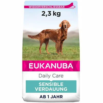Eukanuba Daily Care Sensible Verdauung, 2,3 kg. Besedilo na embalaži: wiederverschliessbar, ab 1 Jahr. Slika psa na travi. Del besedila v nemščini. Eukanuba Daily Care Sensible Verdauung, 2,3 kg. Besedilo na embalaži: wiederverschliessbar, ab 1 Jahr. Slika psa na travi. Del besedila v nemščini.