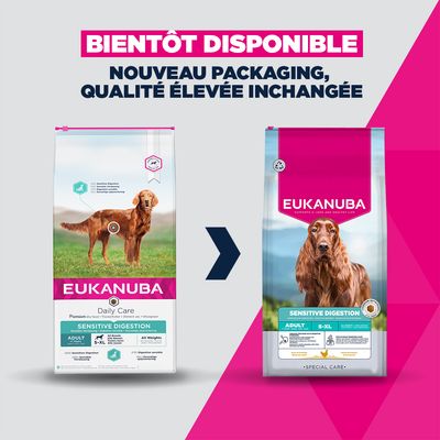EUKANUBA Daily Care Sensitive Digestion, aliment sec pour chien adulte toutes races et tous poids, digestion sensible, sac de 2,3 kg. Texte visible en anglais, allemand, français, néerlandais.
